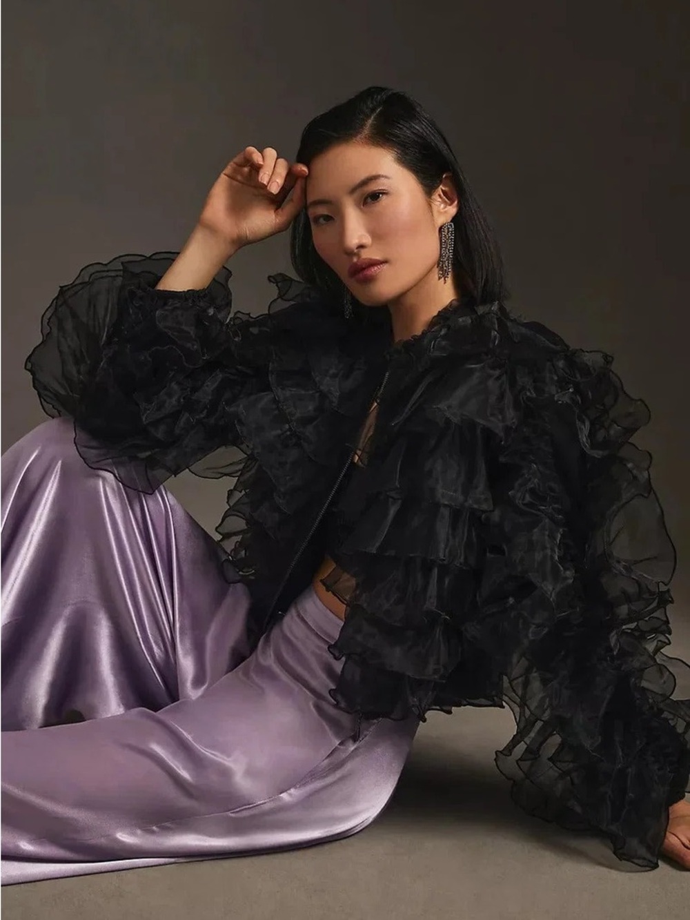 Eva Franco ruffled organza bomber jacket in black
